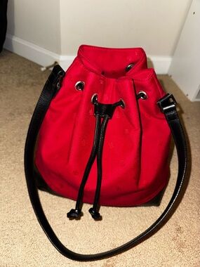 Ralph Lauren Red Drawstring Bucket Bag with Black Leather Trim